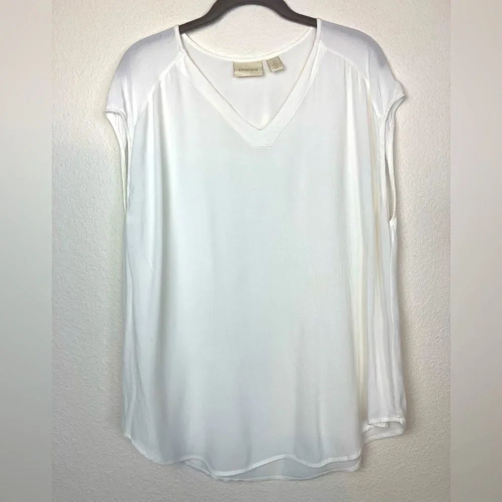 Chico's White V Neck Cap Sleeve Relaxed Blouse longer length, oversized